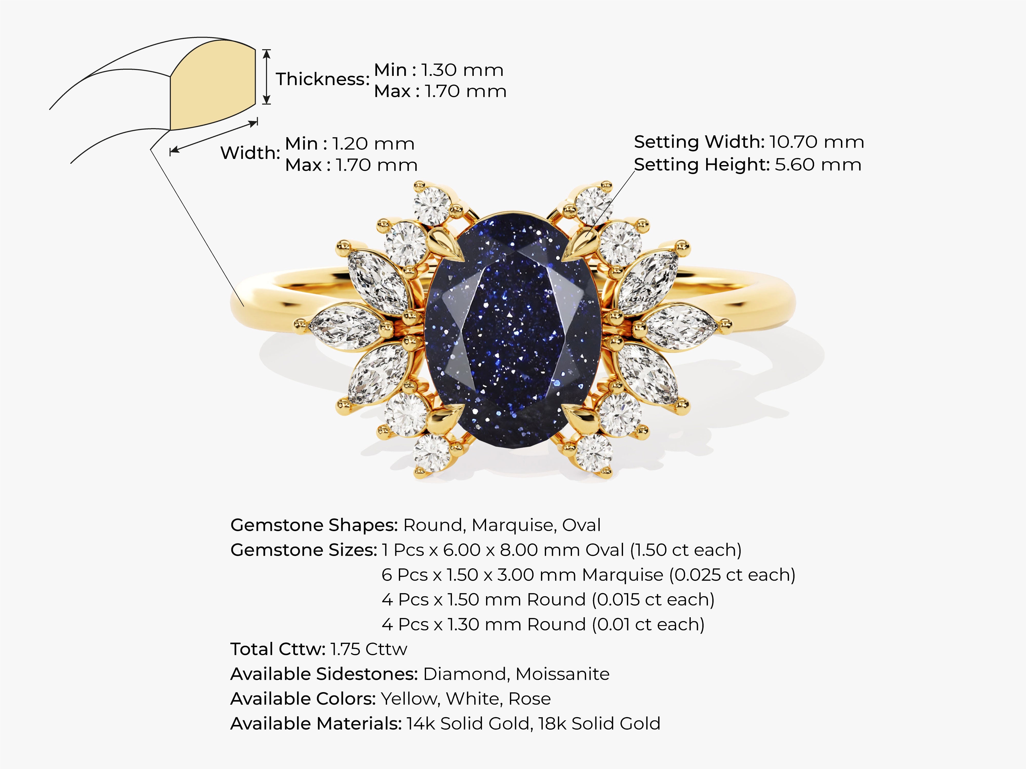 Oval Blue Sandstone Engagement Ring with Moissanite Cluster