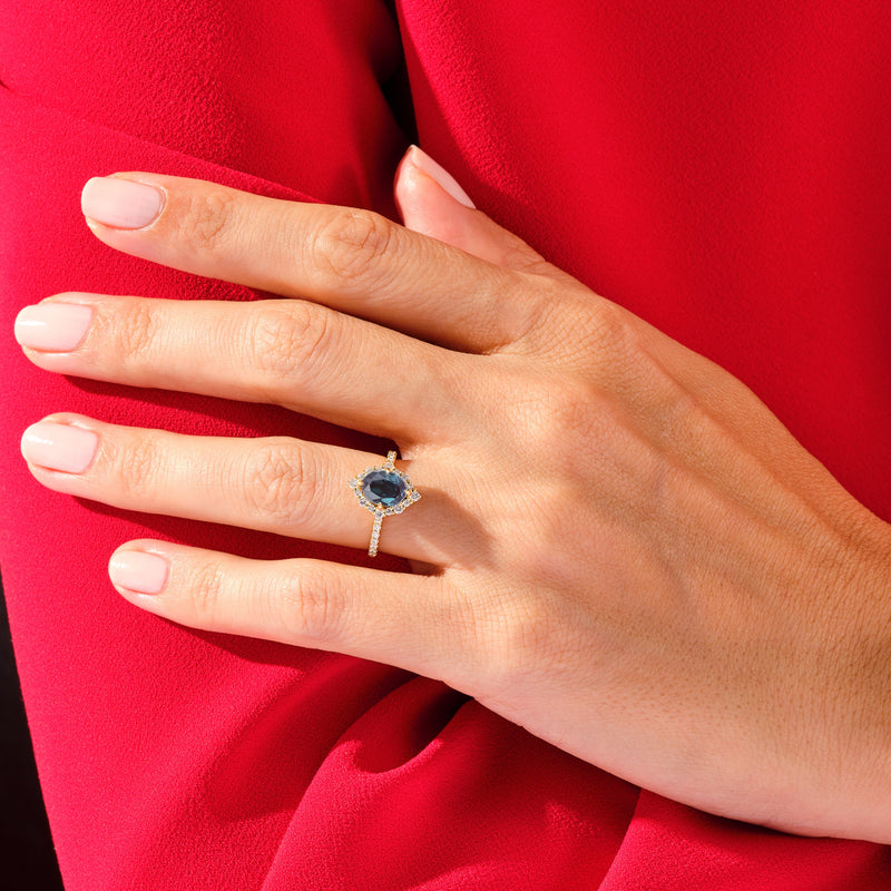 Oval Halo Lab Alexandrite Engagement Ring with Moissanite Sidestones