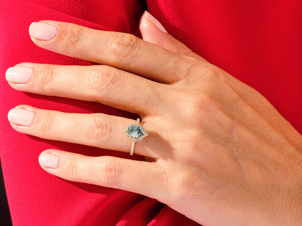 Oval Halo Moss Agate Engagement Ring with Moissanite Sidestones