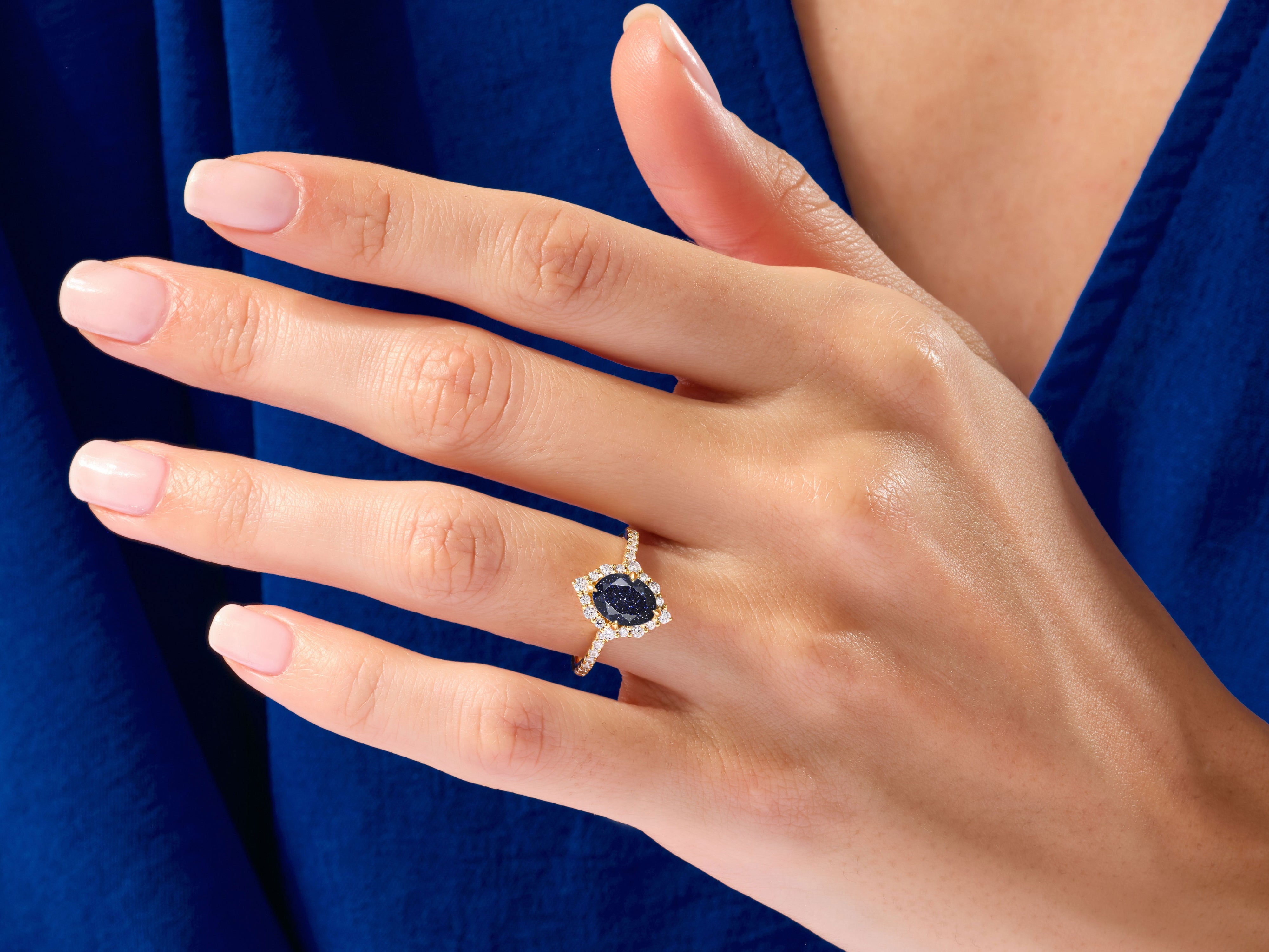 Oval Halo Blue Sandstone Engagement Ring with Moissanite Sidestones