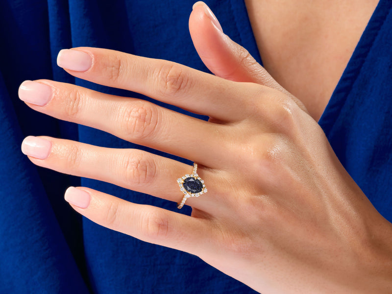 Oval Halo Blue Sandstone Engagement Ring with Moissanite Sidestones