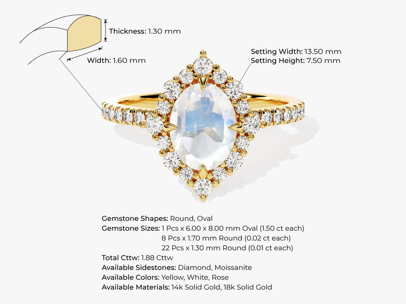 Oval Halo Moonstone Engagement Ring with Moissanite Sidestones