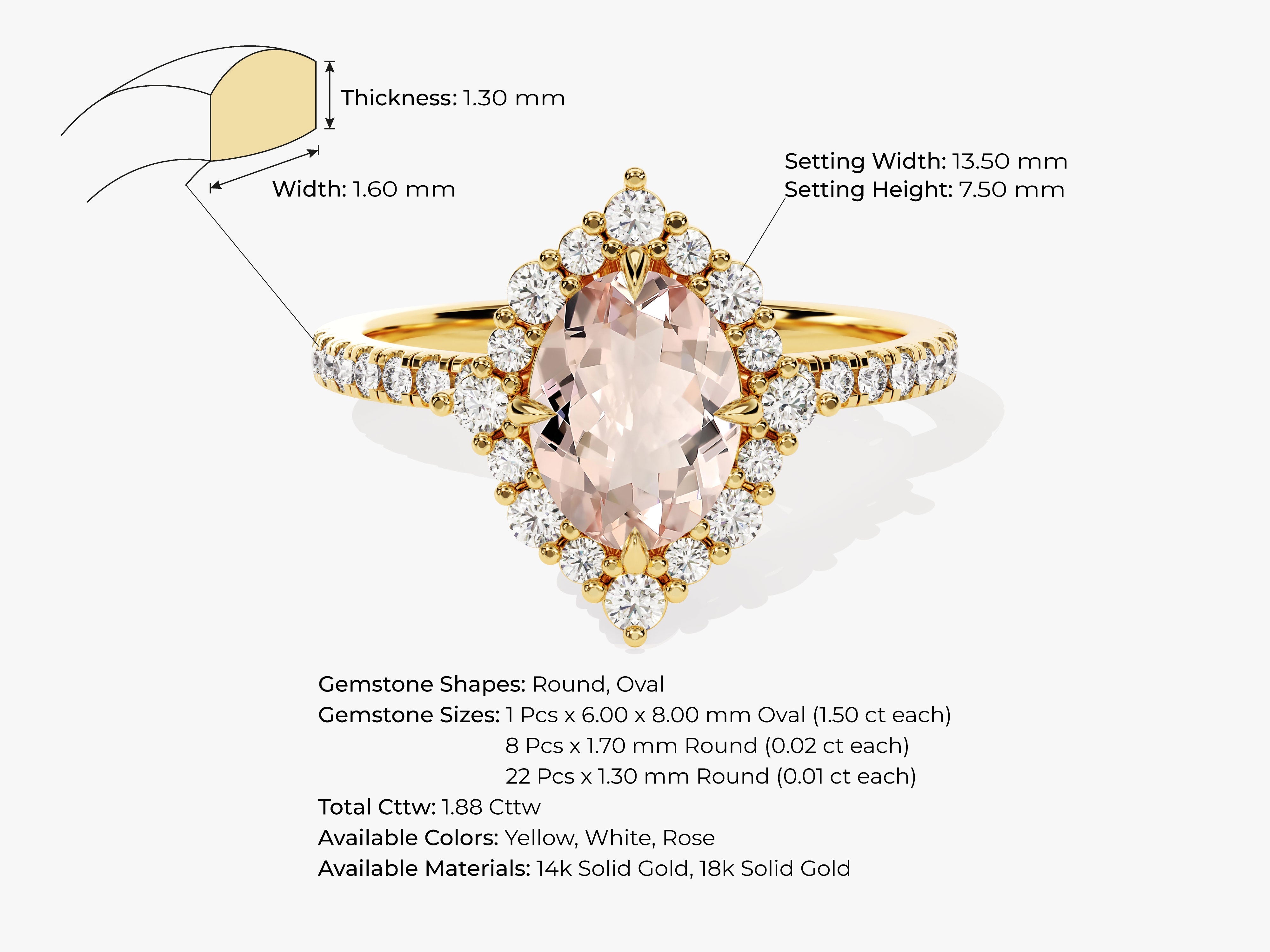 Vintage Halo Oval Cut Peach Morganite Engagement Ring with Sidestones