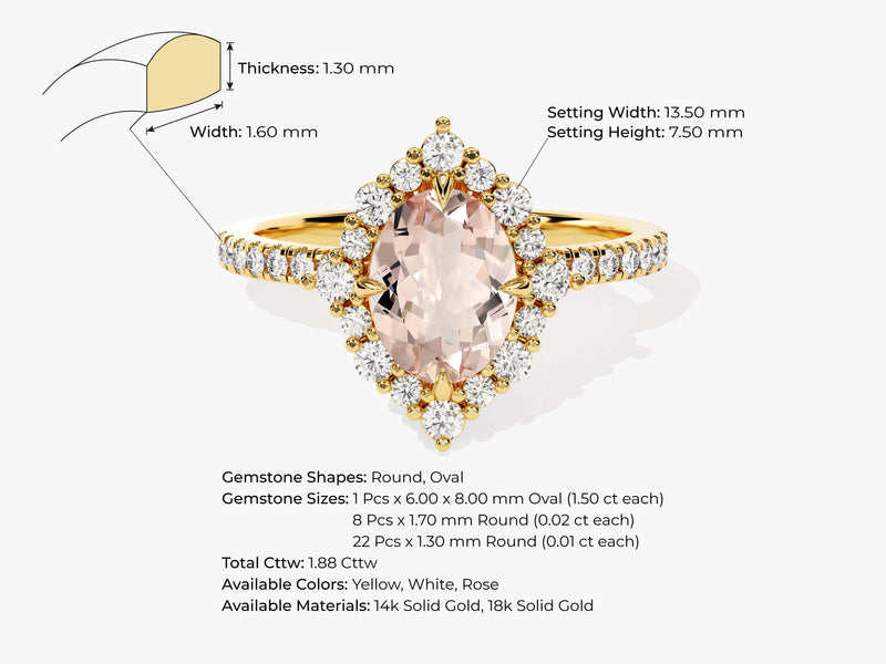 Vintage Halo Oval Cut Peach Morganite Engagement Ring with Sidestones