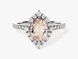 Vintage Halo Oval Cut Peach Morganite Engagement Ring with Sidestones