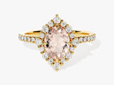 Vintage Halo Oval Cut Peach Morganite Engagement Ring with Sidestones