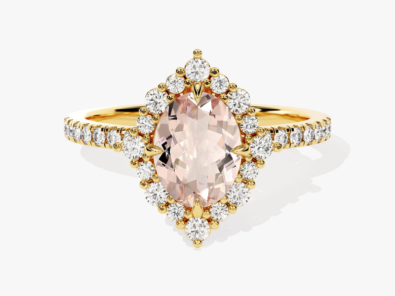 Vintage Halo Oval Cut Peach Morganite Engagement Ring with Sidestones