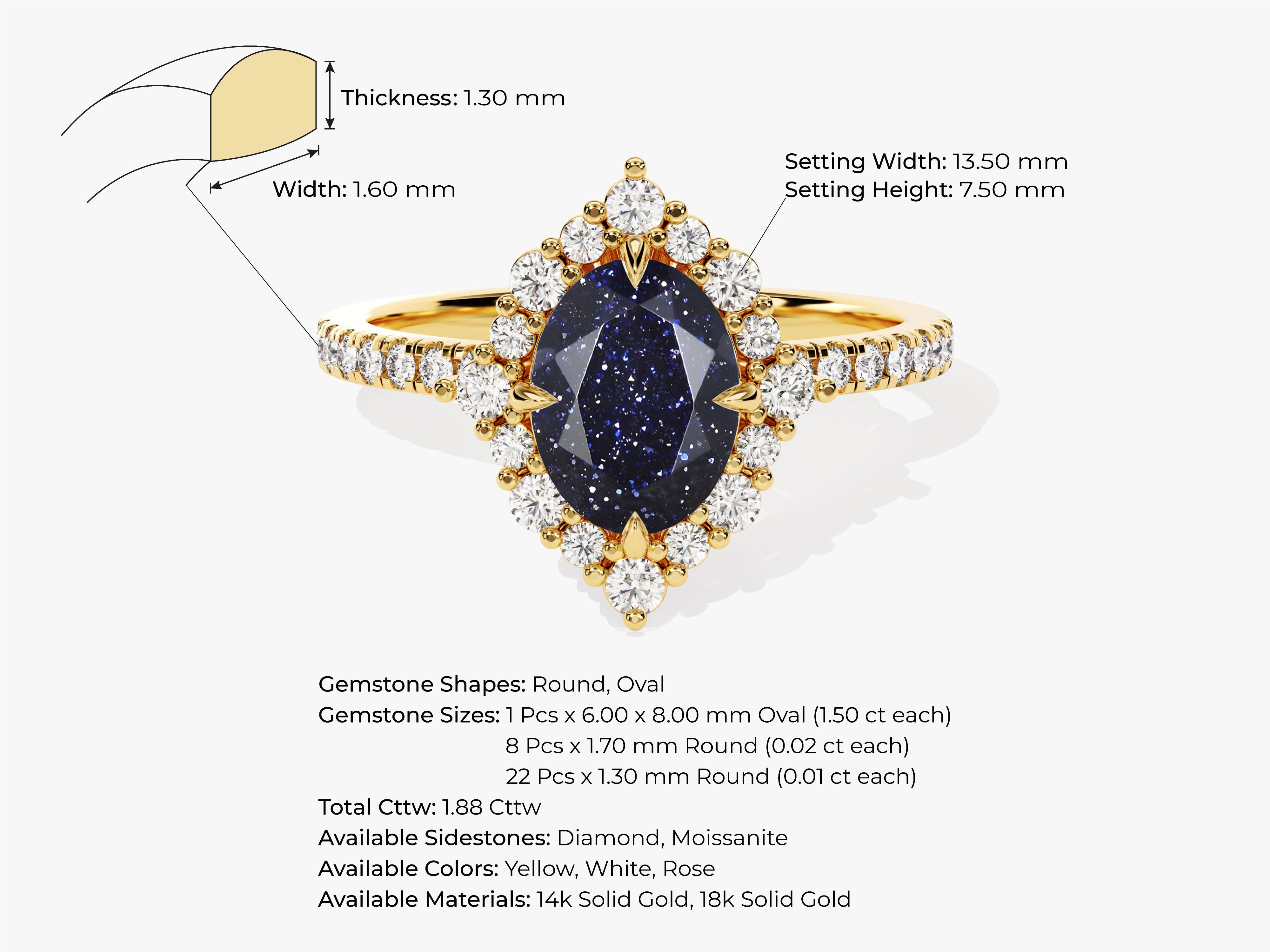 Oval Halo Blue Sandstone Engagement Ring with Moissanite Sidestones