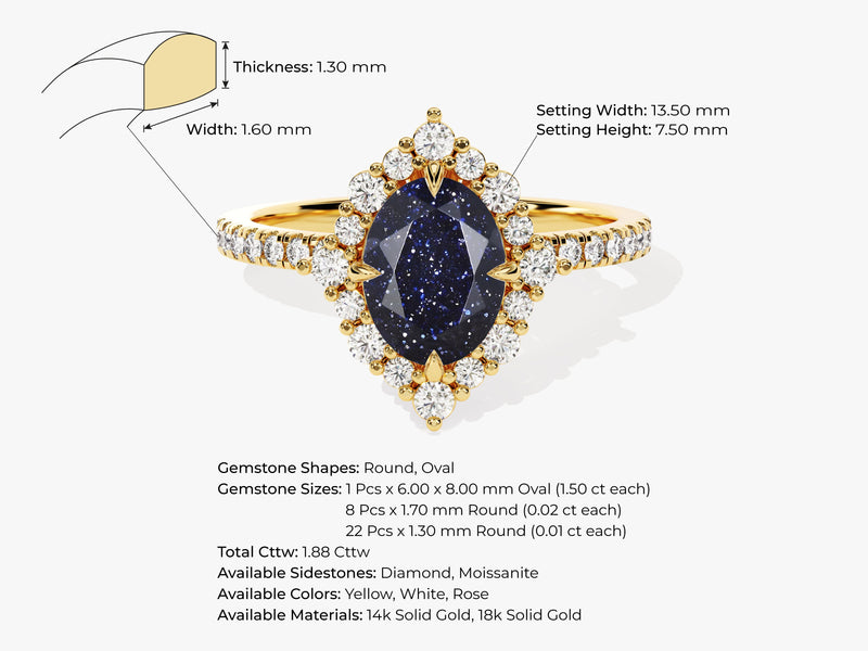 Oval Halo Blue Sandstone Engagement Ring with Moissanite Sidestones