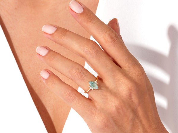 Marquise Moss Agate Engagement Ring with Round Moissanite Sidestones