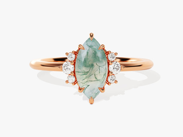 Marquise Moss Agate Engagement Ring with Round Moissanite Sidestones