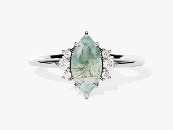 Marquise Moss Agate Engagement Ring with Round Moissanite Sidestones