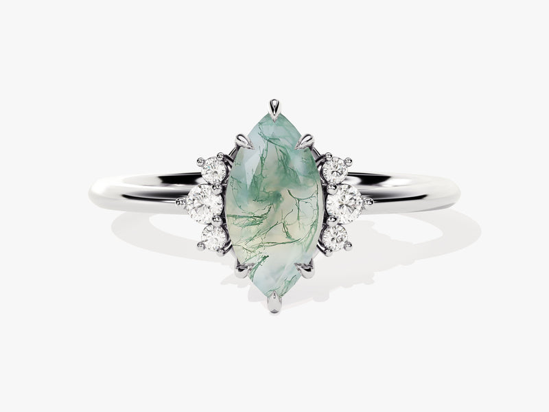 Marquise Moss Agate Engagement Ring with Round Moissanite Sidestones