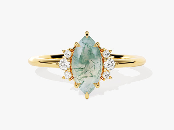 Marquise Moss Agate Engagement Ring with Round Moissanite Sidestones