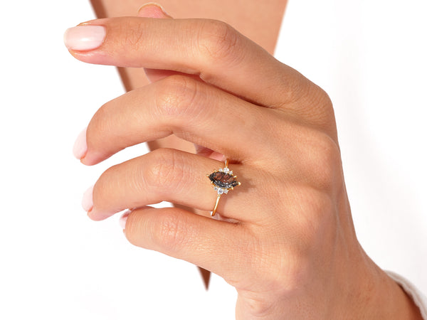 Marquise Black Rutilated Quartz Engagement Ring with Round Moissanite Sidestones