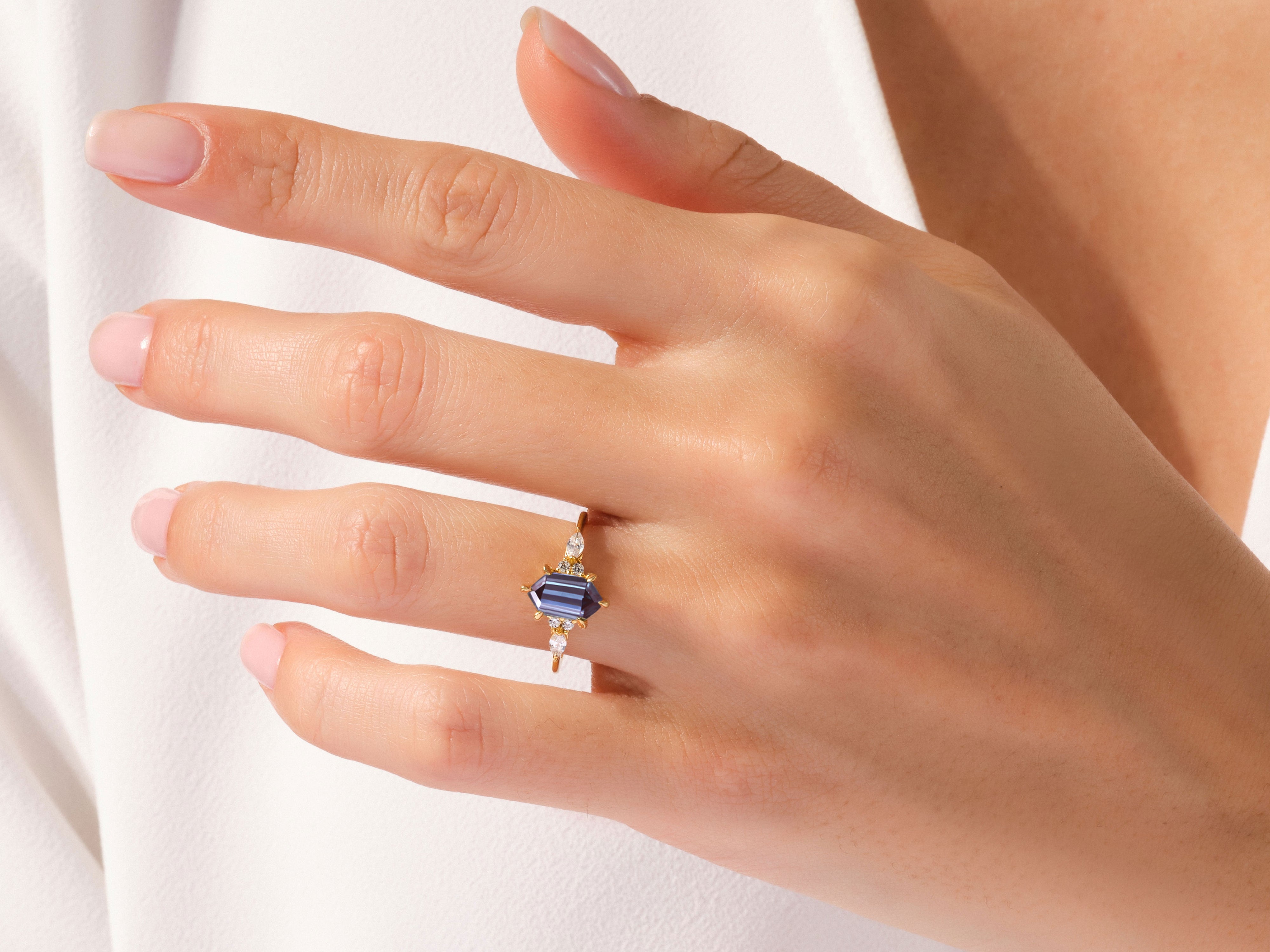 Long Hexagon Lab Alexandrite Engagement Ring with Marquise Moissanite Sidestones