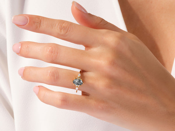 Long Hexagon Black Rutilated Quartz Engagement Ring with Marquise Moissanite Sidestones