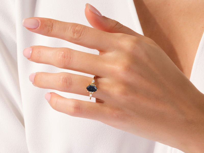 Long Hexagon Blue Sandstone Engagement Ring with Marquise Moissanite Sidestones