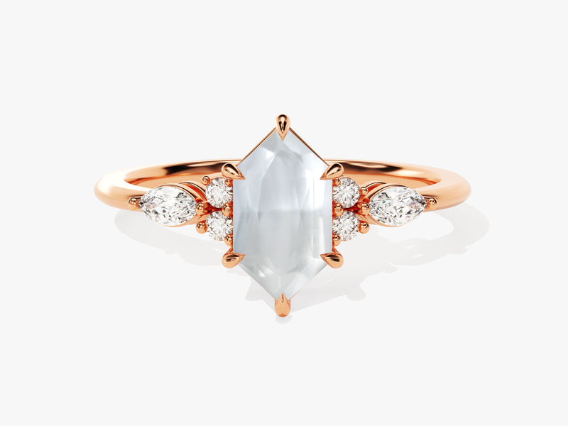Long Hexagon Moonstone Engagement Ring with Marquise Moissanite Sidestones
