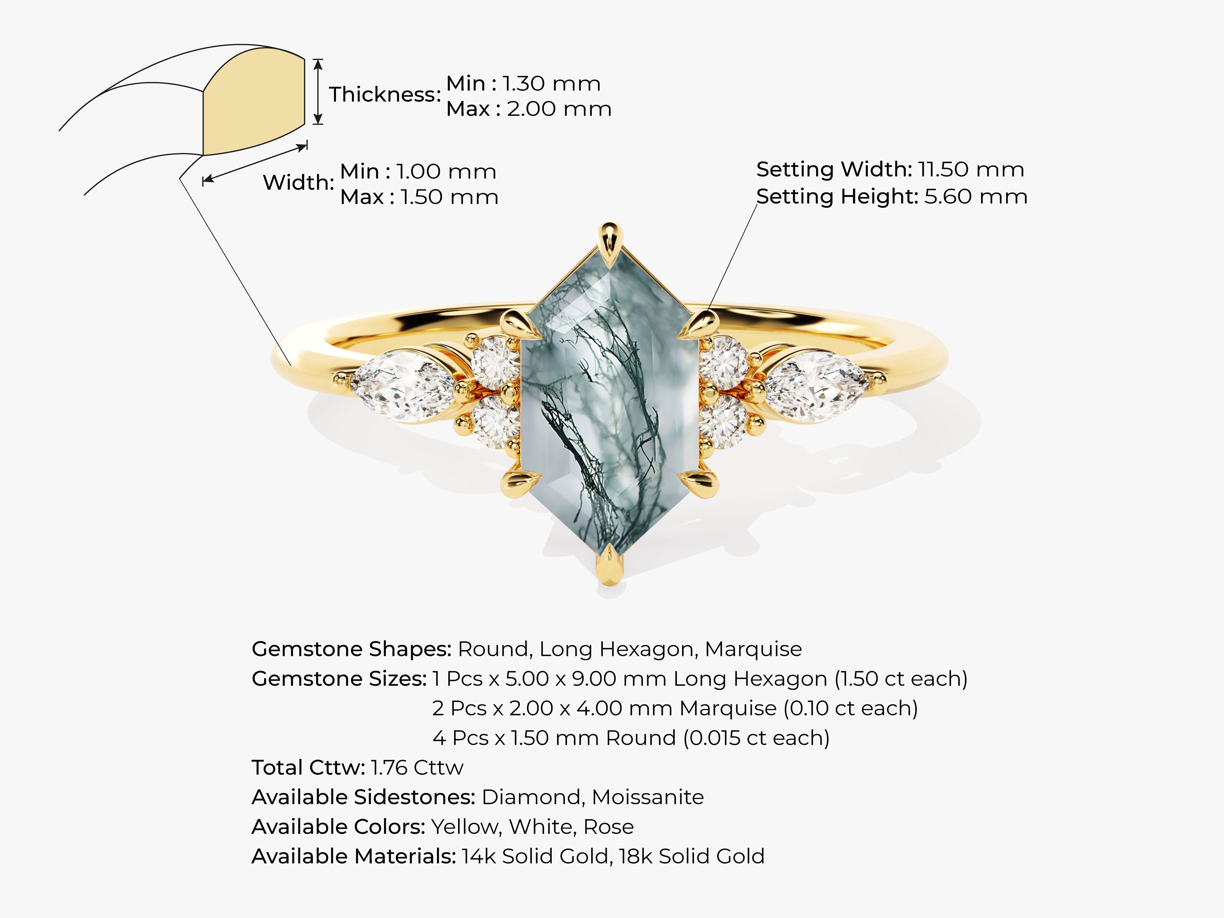 Long Hexagon Moss Agate Engagement Ring with Marquise Moissanite Sidestones