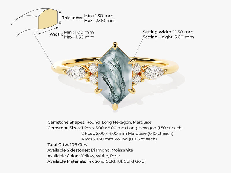 Long Hexagon Moss Agate Engagement Ring with Marquise Moissanite Sidestones