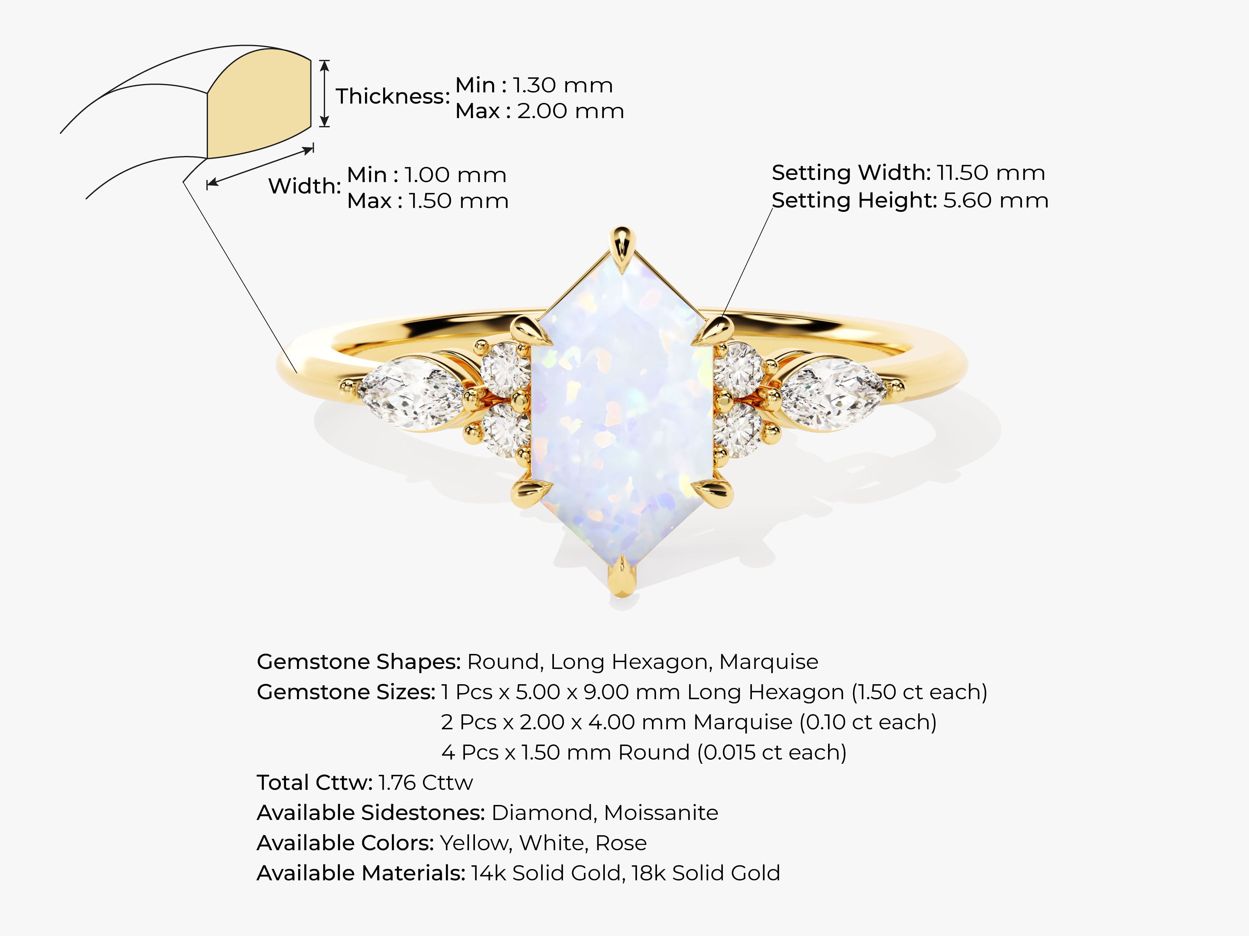 Long Hexagon Opal Engagement Ring with Marquise Moissanite Sidestones