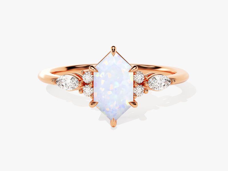 Long Hexagon Opal Engagement Ring with Marquise Moissanite Sidestones