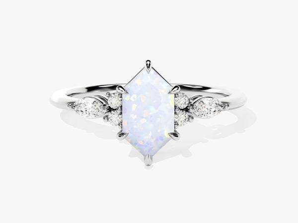 Long Hexagon Opal Engagement Ring with Marquise Moissanite Sidestones