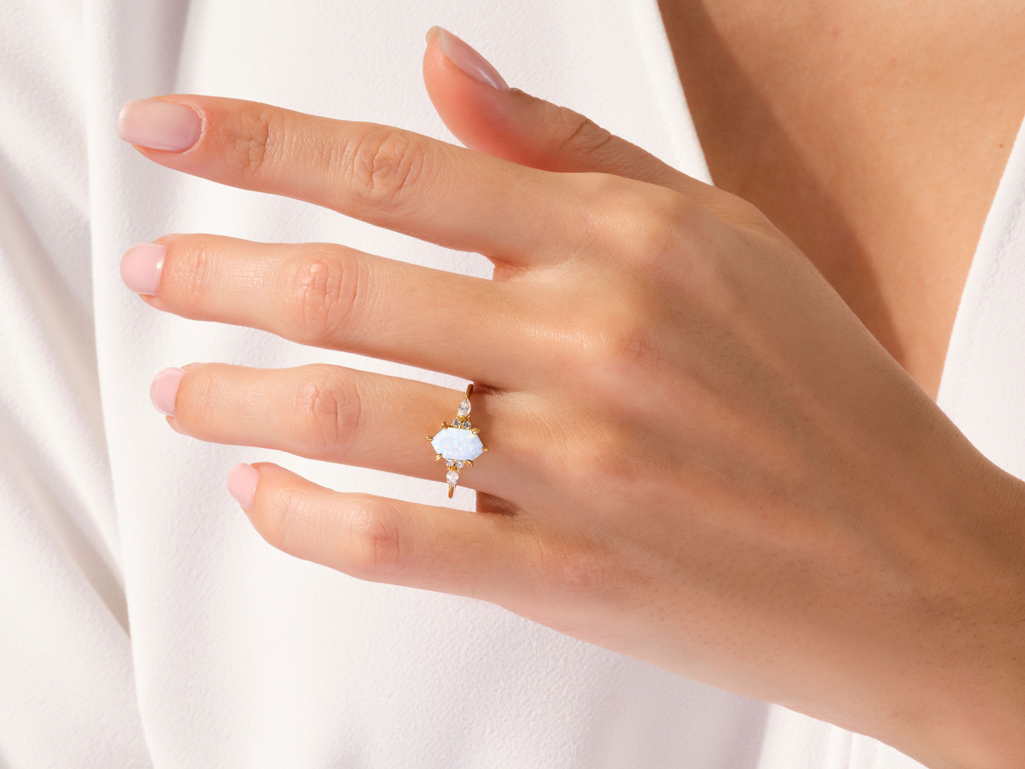 Long Hexagon Opal Engagement Ring with Marquise Moissanite Sidestones