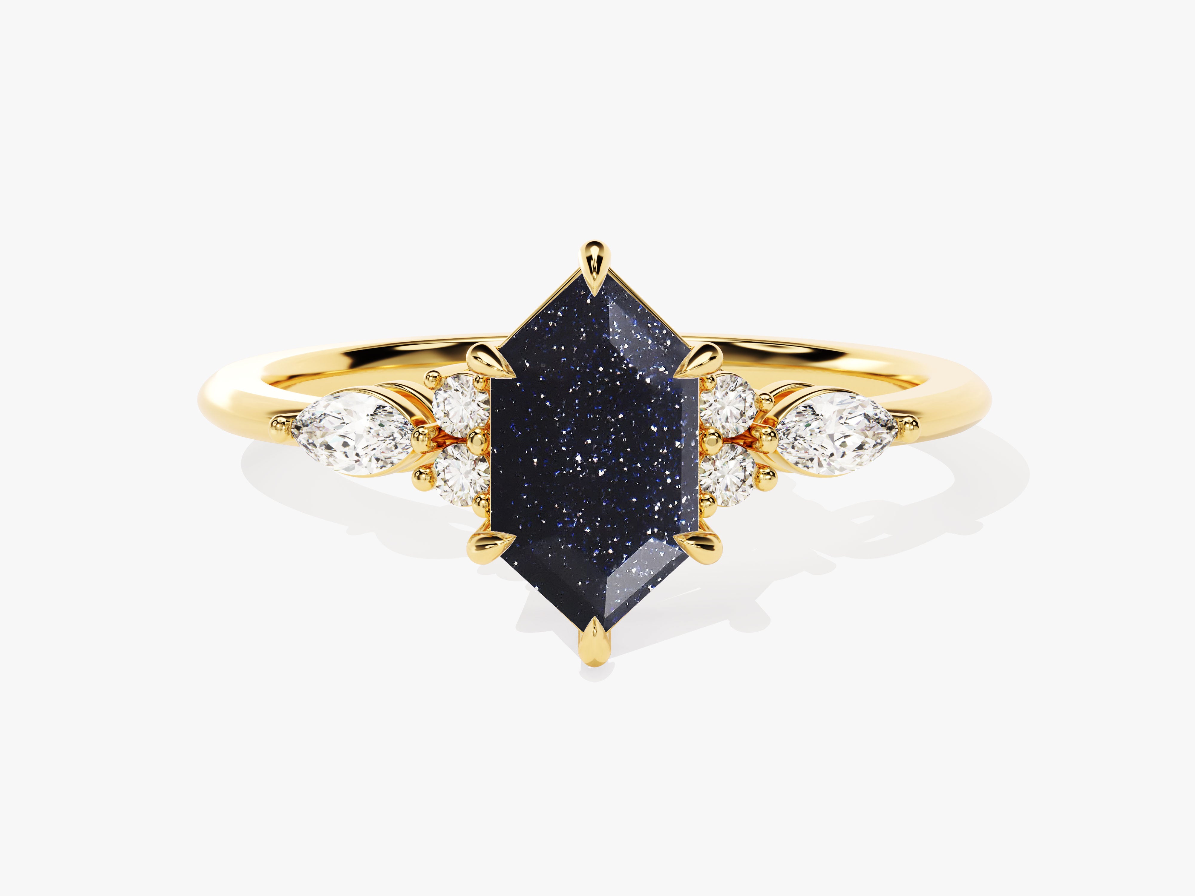 Gold ring with hexagon dark blue stone and diamonds