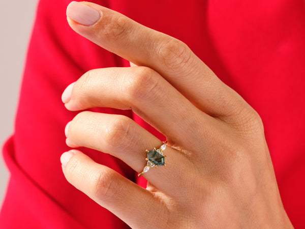 Long Hexagon Moss Agate Engagement Ring with Marquise Moissanite Sidestones