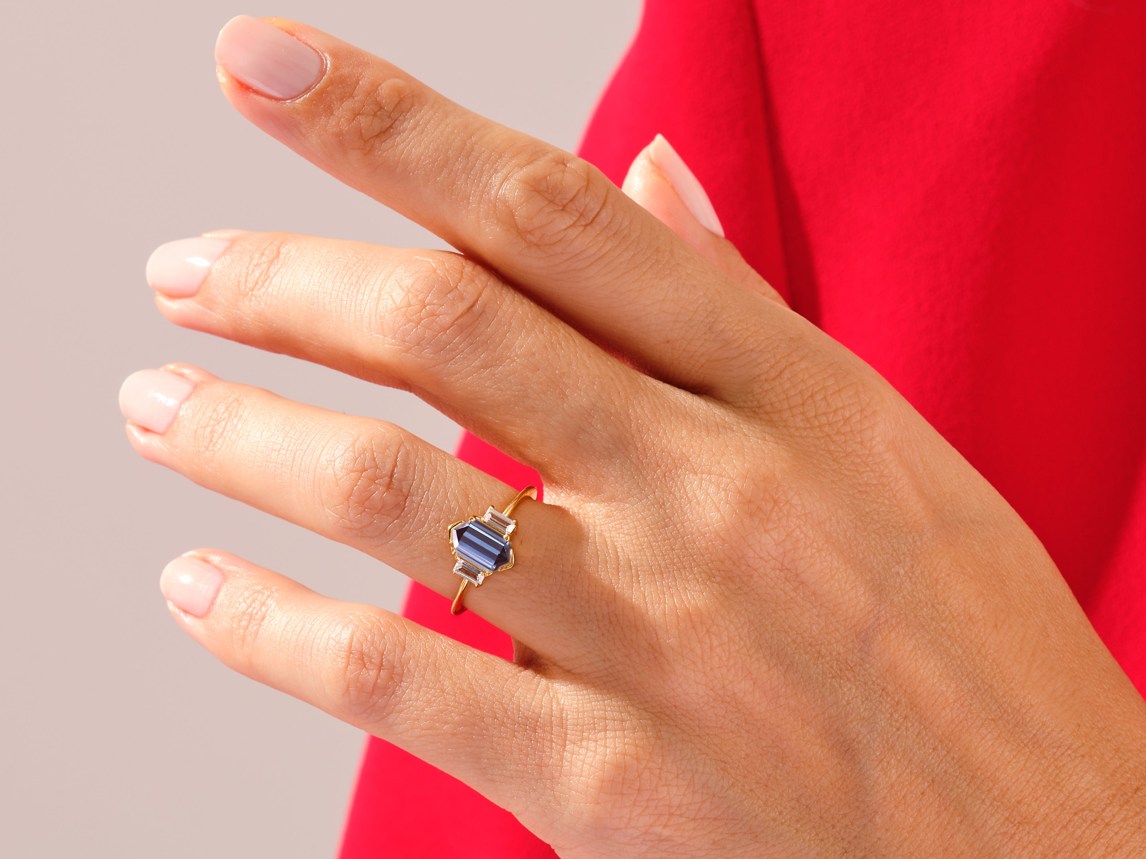 Long Hexagon Lab Alexandrite Engagement Ring with Baguette Moissanite Sidestones