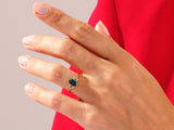 Long Hexagon Blue Sandstone Engagement Ring with Baguette Moissanite Sidestones