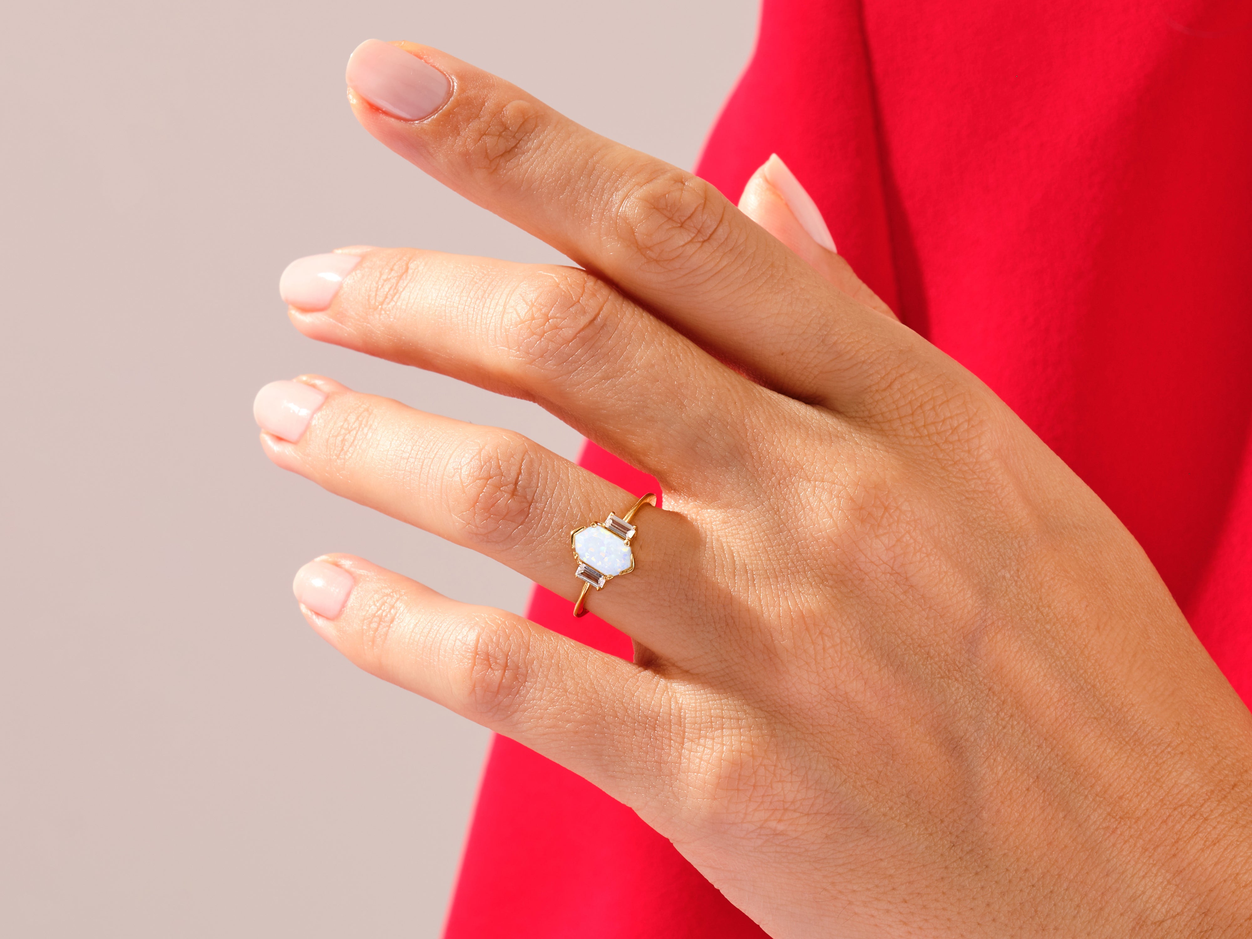 Long Hexagon Opal Engagement Ring with Baguette Moissanite Sidestones