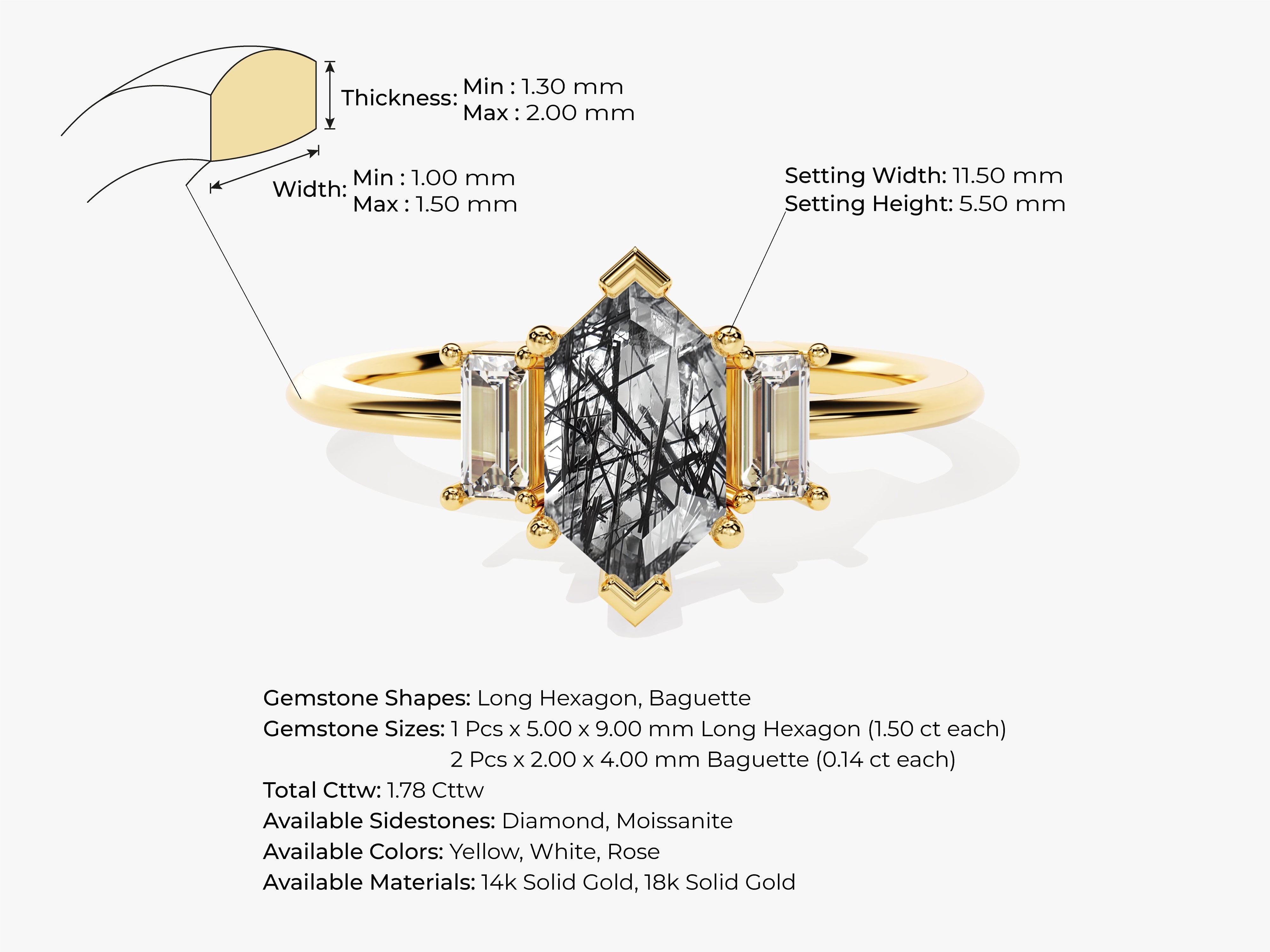 Long Hexagon Black Rutilated Quartz Engagement Ring with Baguette Moissanite Sidestones