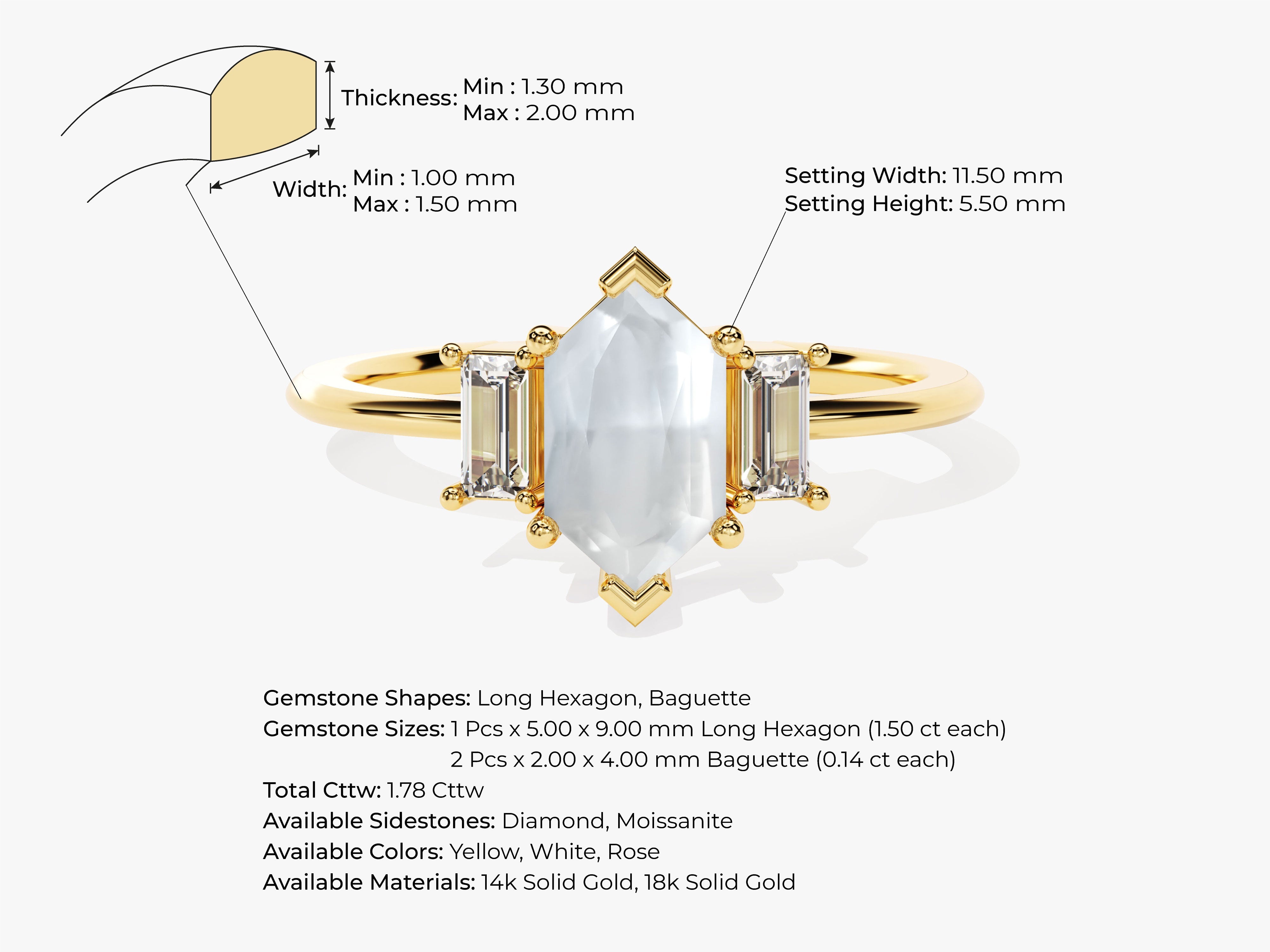 Long Hexagon Moonstone Engagement Ring with Baguette Moissanite Sidestones