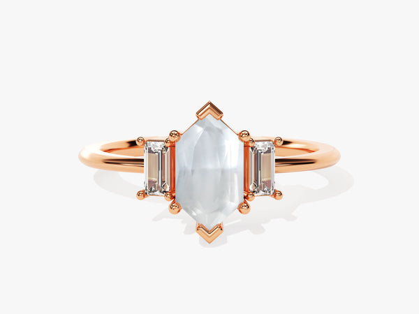Long Hexagon Moonstone Engagement Ring with Baguette Moissanite Sidestones