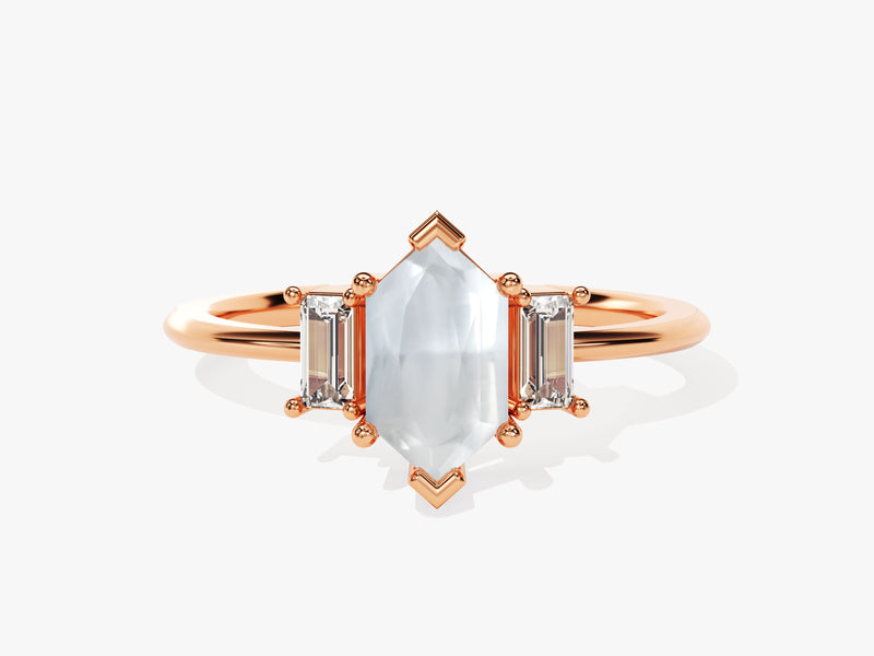 Long Hexagon Moonstone Engagement Ring with Baguette Moissanite Sidestones