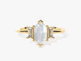 Long Hexagon Moonstone Engagement Ring with Baguette Moissanite Sidestones