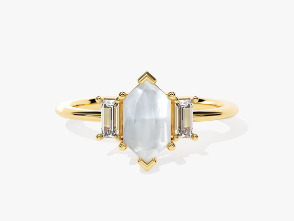 Long Hexagon Moonstone Engagement Ring with Baguette Moissanite Sidestones