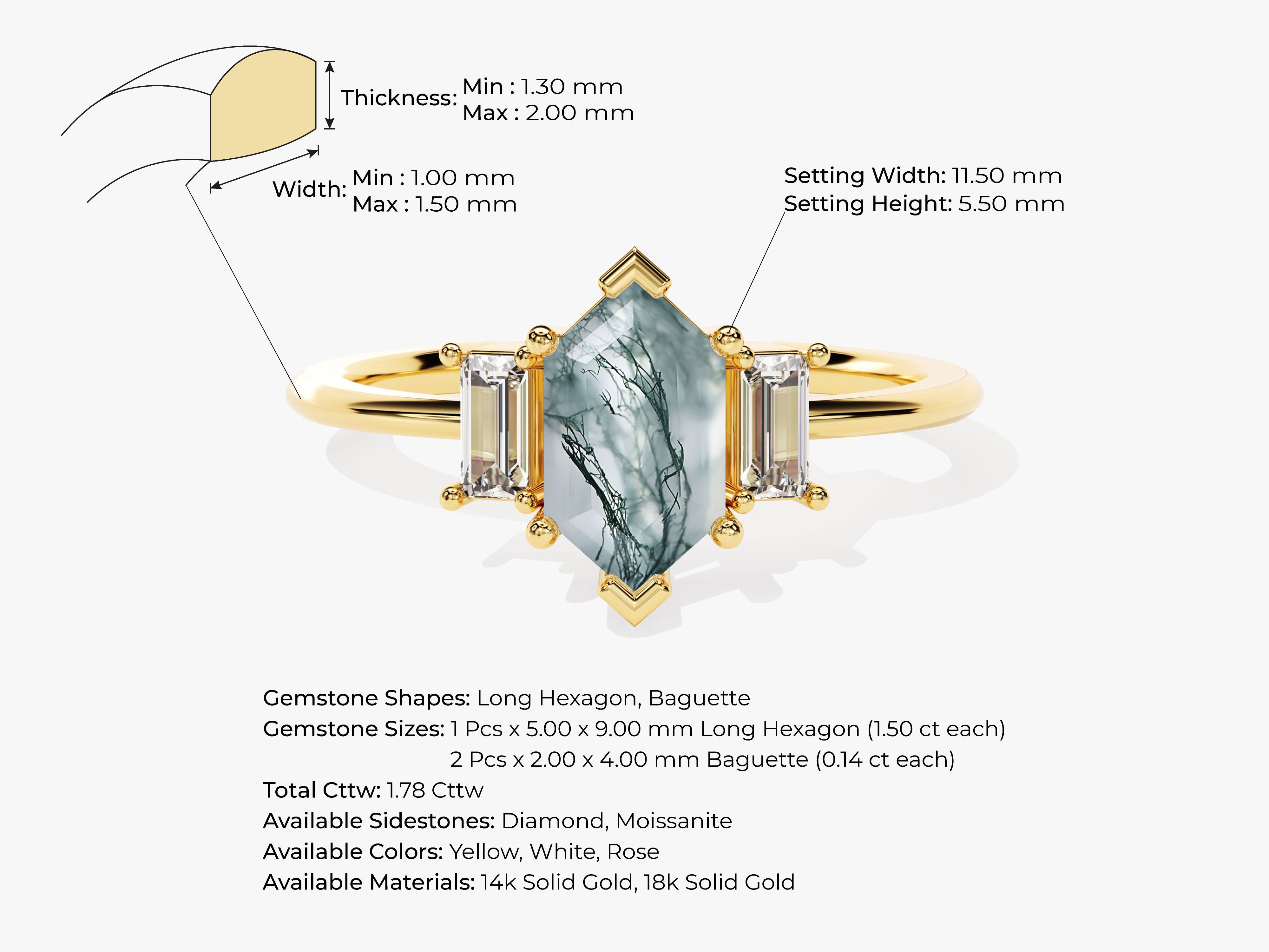 Long Hexagon Moss Agate Engagement Ring with Baguette Moissanite Sidestones