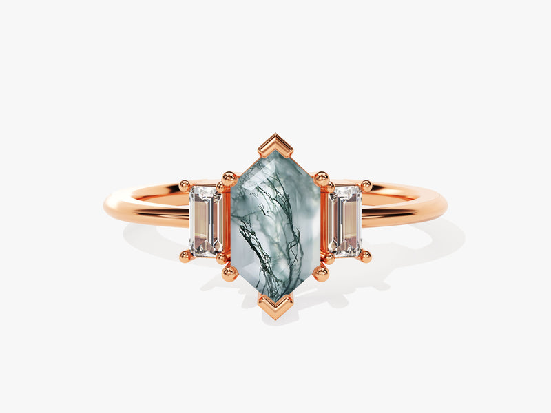 Long Hexagon Moss Agate Engagement Ring with Baguette Moissanite Sidestones