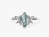 Long Hexagon Moss Agate Engagement Ring with Baguette Moissanite Sidestones