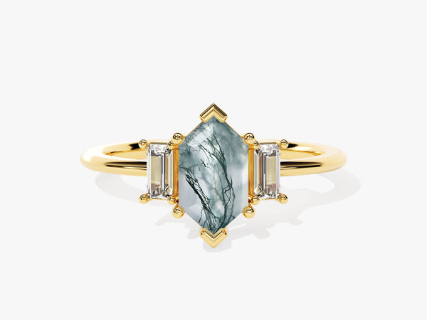 Long Hexagon Moss Agate Engagement Ring with Baguette Moissanite Sidestones
