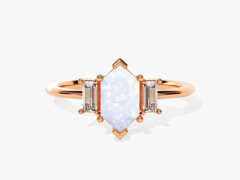 Long Hexagon Opal Engagement Ring with Baguette Moissanite Sidestones