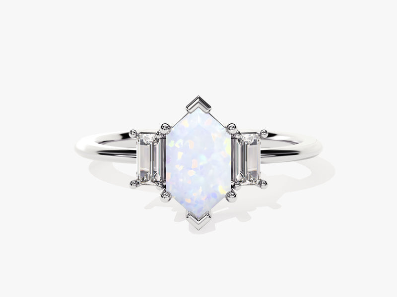 Long Hexagon Opal Engagement Ring with Baguette Moissanite Sidestones