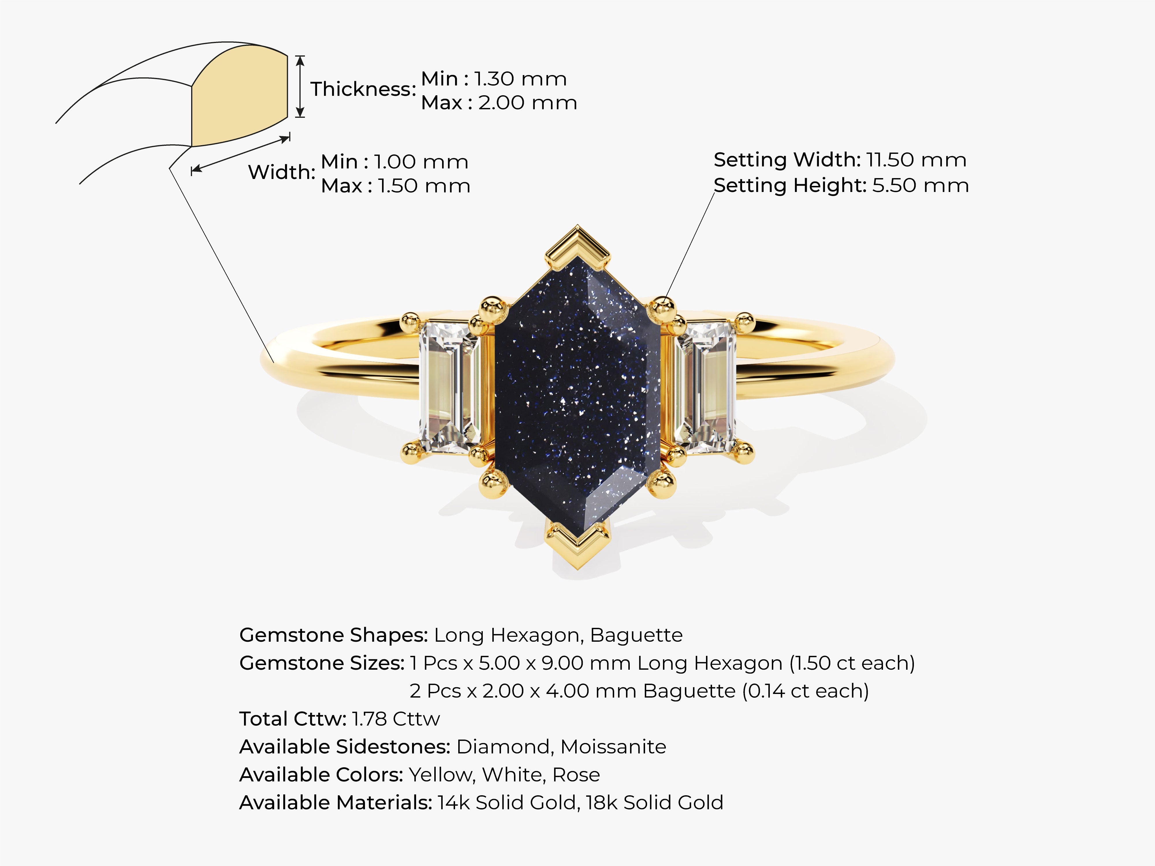 Long Hexagon Blue Sandstone Engagement Ring with Baguette Moissanite Sidestones