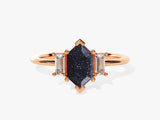 Long Hexagon Blue Sandstone Engagement Ring with Baguette Moissanite Sidestones