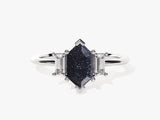 Long Hexagon Blue Sandstone Engagement Ring with Baguette Moissanite Sidestones
