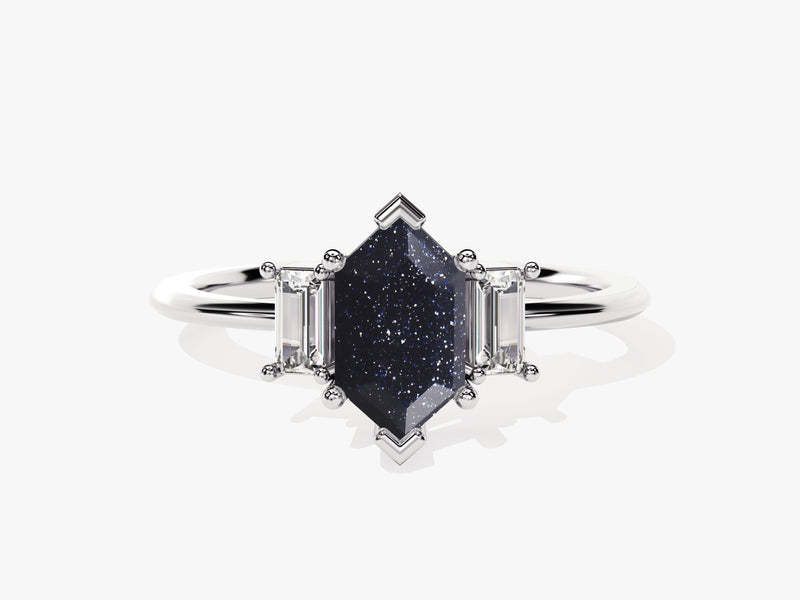 Long Hexagon Blue Sandstone Engagement Ring with Baguette Moissanite Sidestones